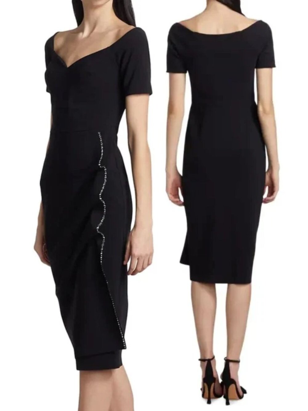 Chiara Boni Sultana Crystal Trim Ruffle Bodycon Midi Dress, Black, US 8 (IT 44)